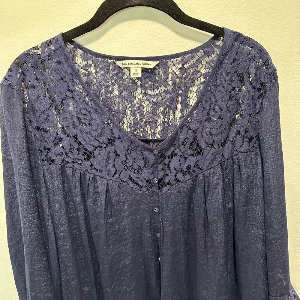 Zac & Rachel Navy Lace Trim Sheer Lightweight Chic 3/4 Sleeve Top Womens Size 1X - Picture 3 of 8